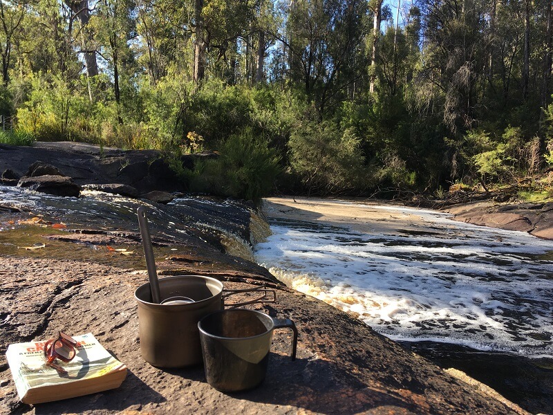Cup of tea on bank of Dog Pool River Bibbulmun Track